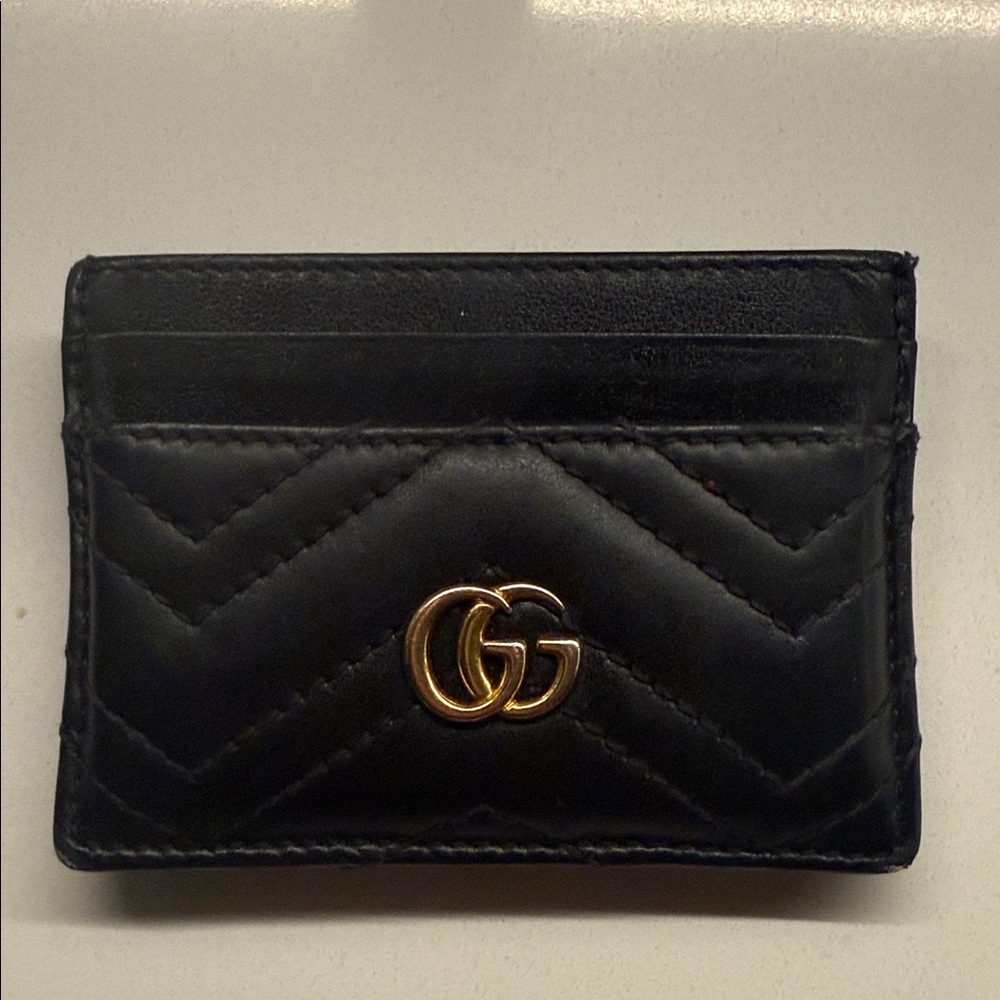 Gucci Quilted Black Card Holder with Gold Logo